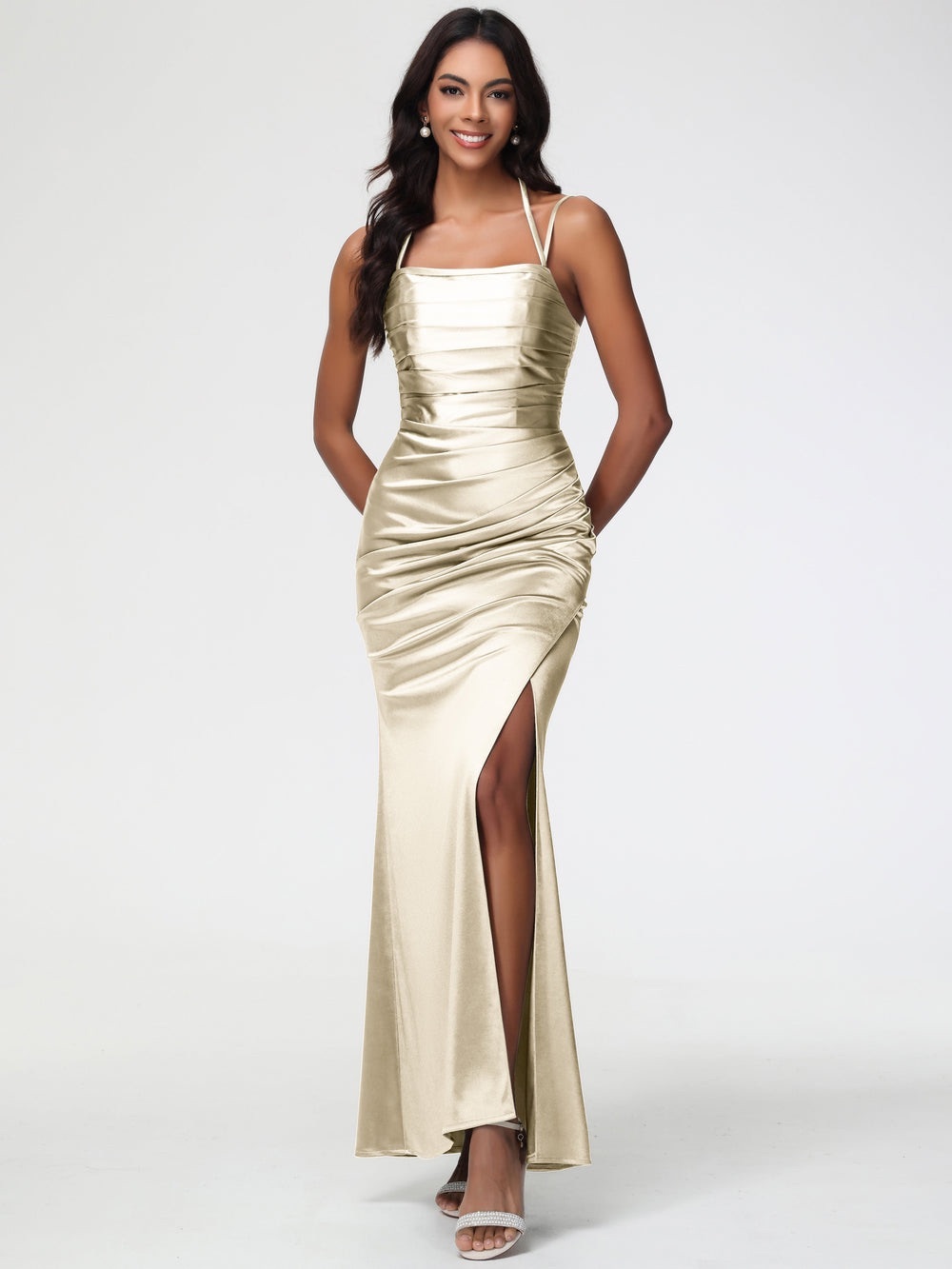 Hebeos Champagne Asymmetrical Lined High Slit Satin Sheen Dress NWT